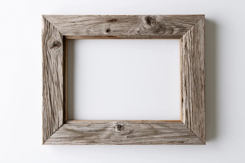 Weathered wooden frame with empty white center hanging on a plain wall