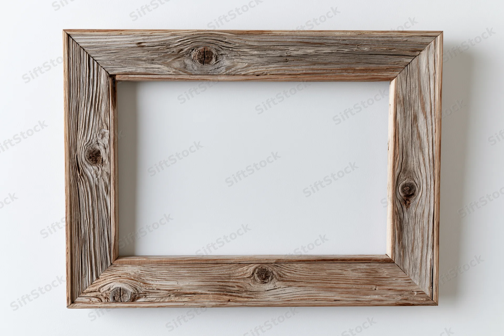 Weathered wooden frame with empty white center hanging on a wall