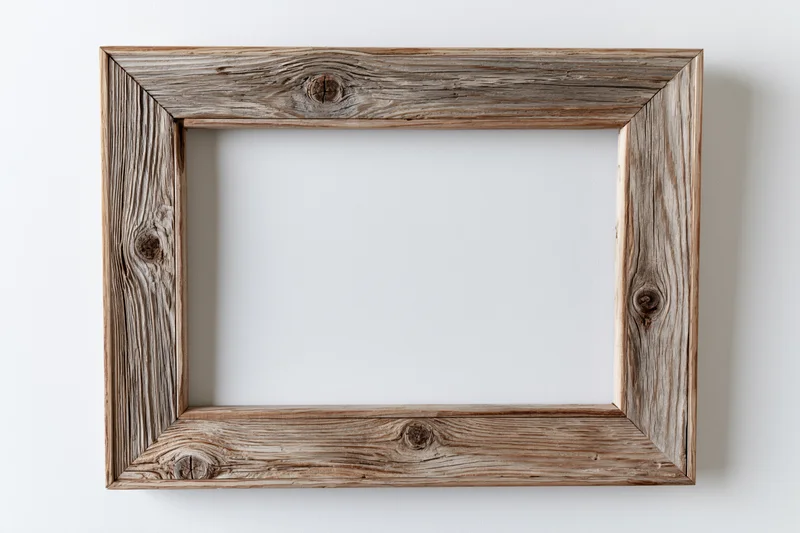 Weathered wooden frame with empty white center hanging on a wall