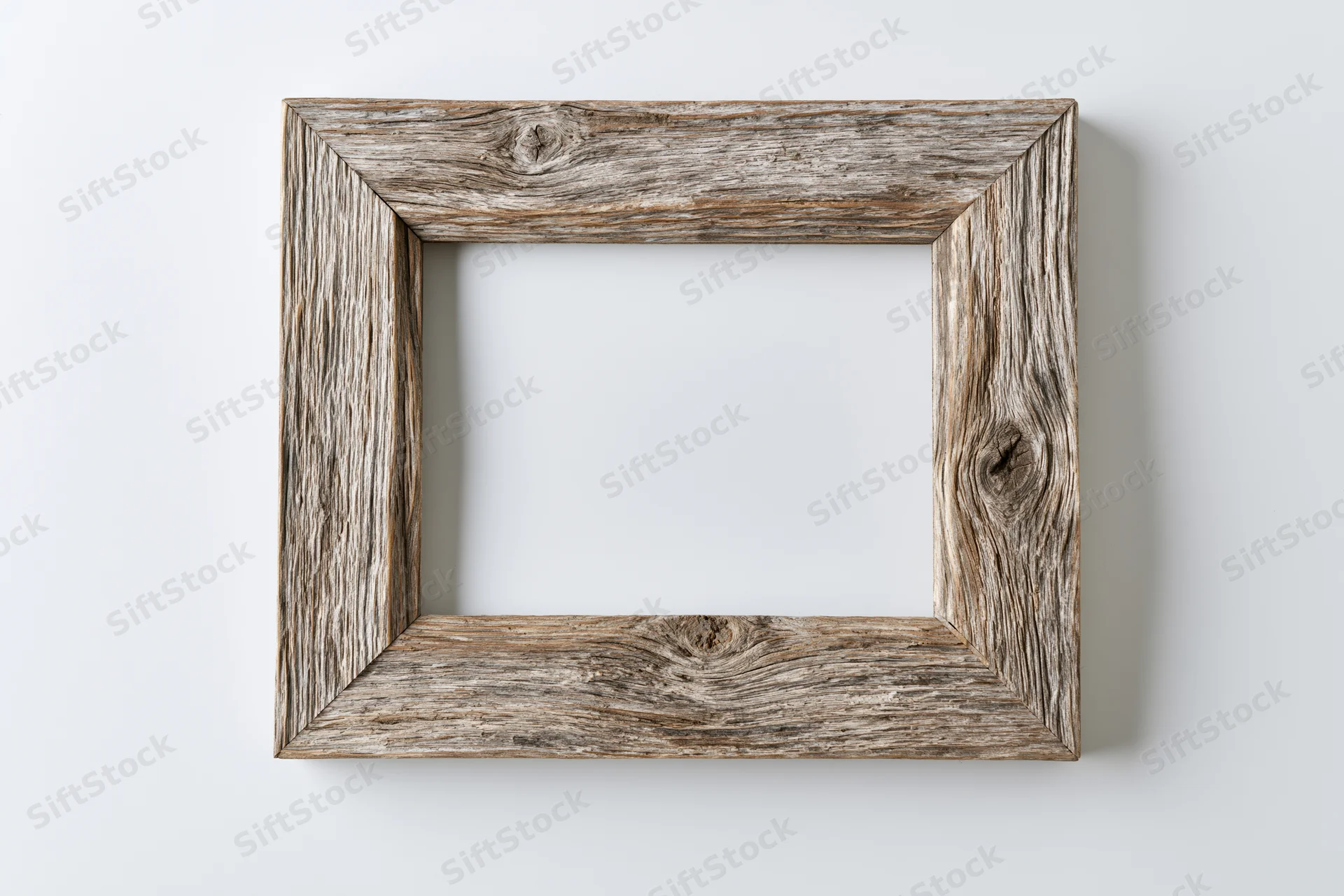 Weathered wooden frame with empty white center hanging on a plain wall