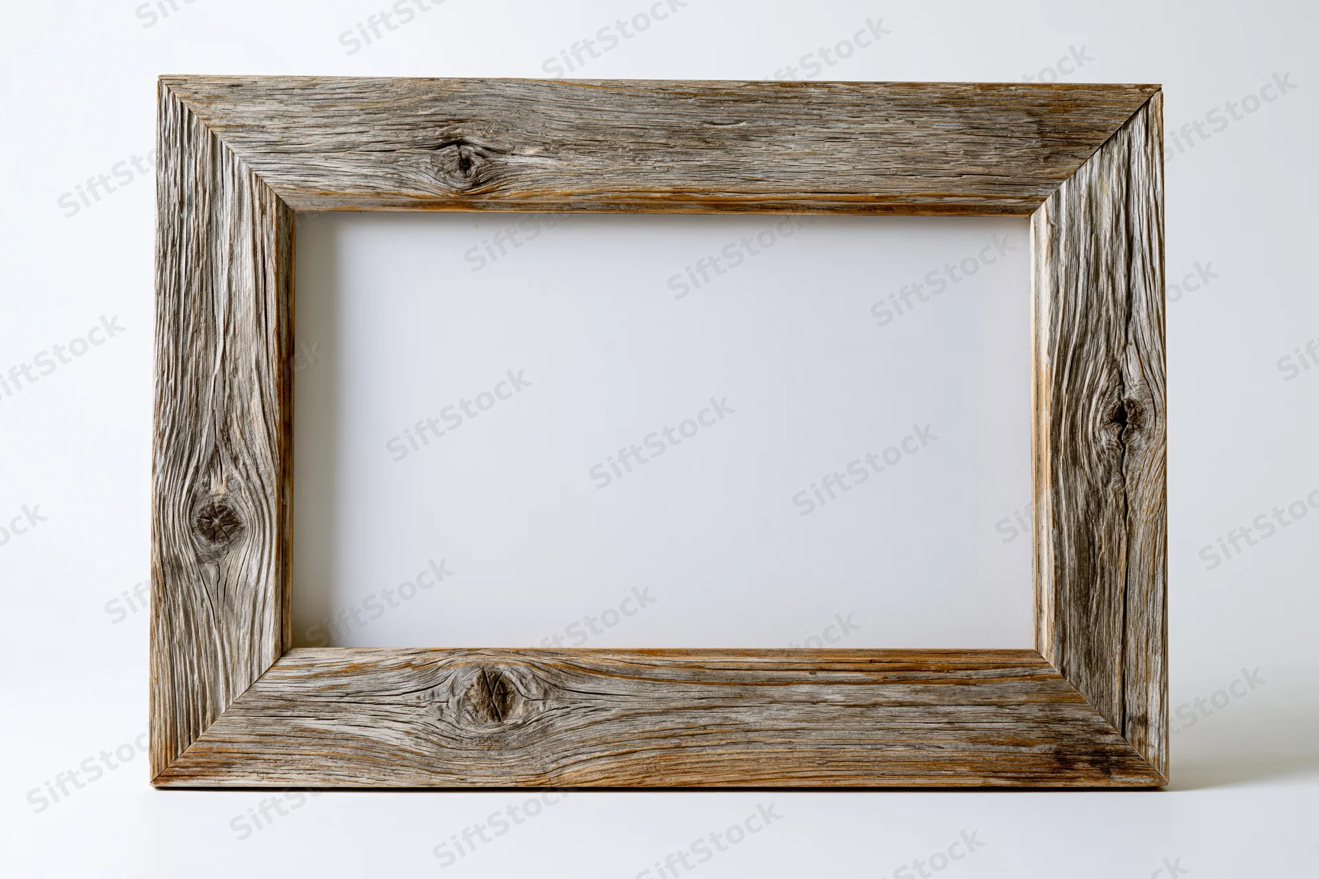 Weathered wooden picture frame with empty white center on white background