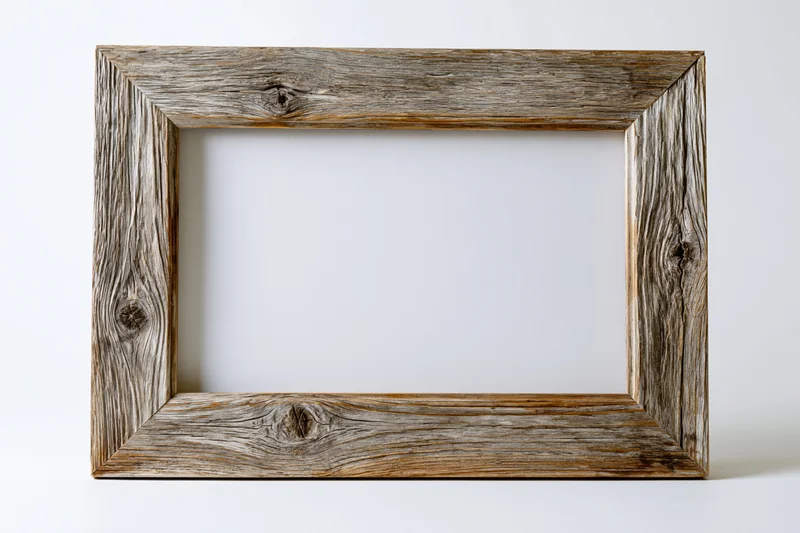 Weathered wooden picture frame with an empty white center frame