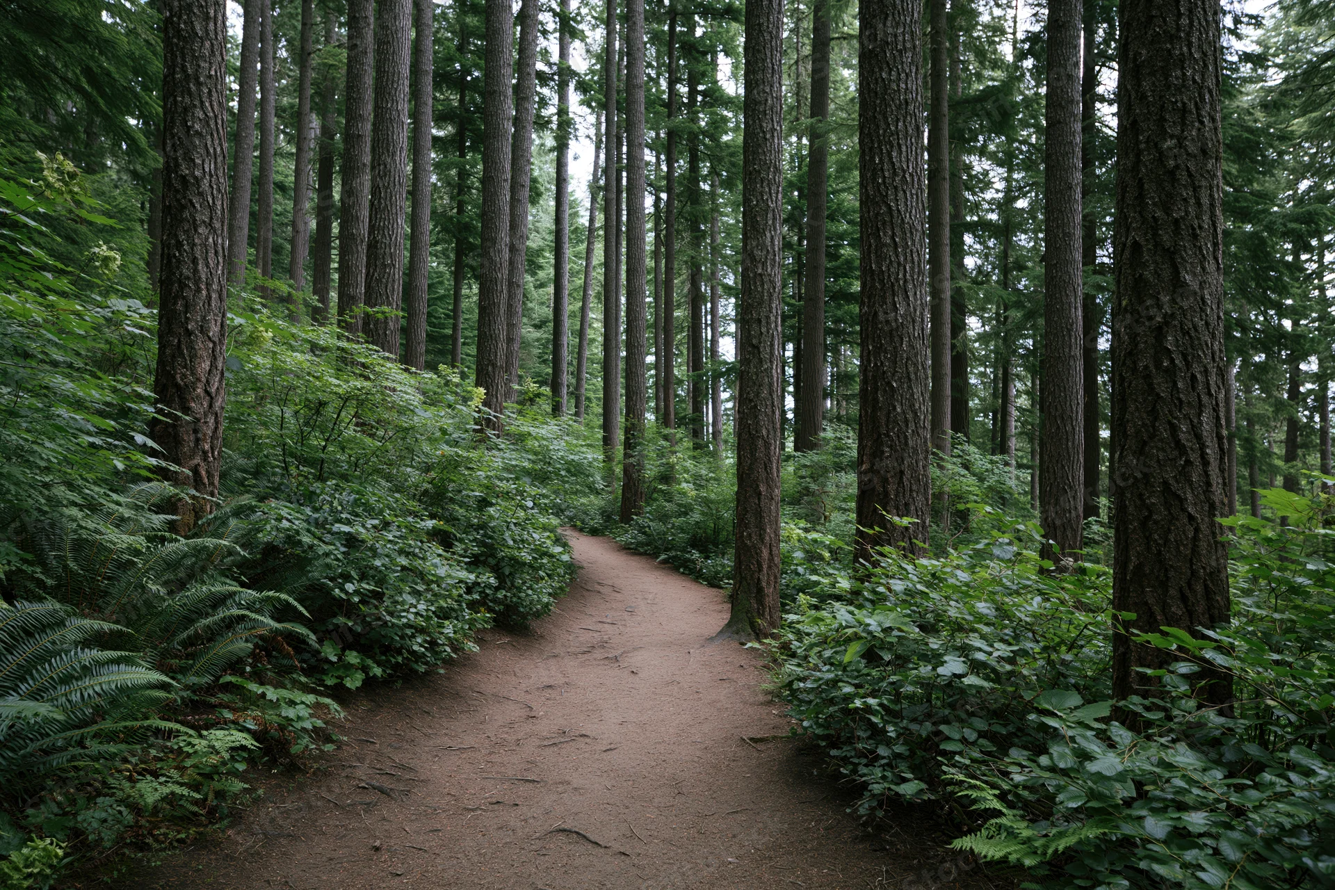 Winding dirt path through dense forest with tall trees and lush green undergrowth