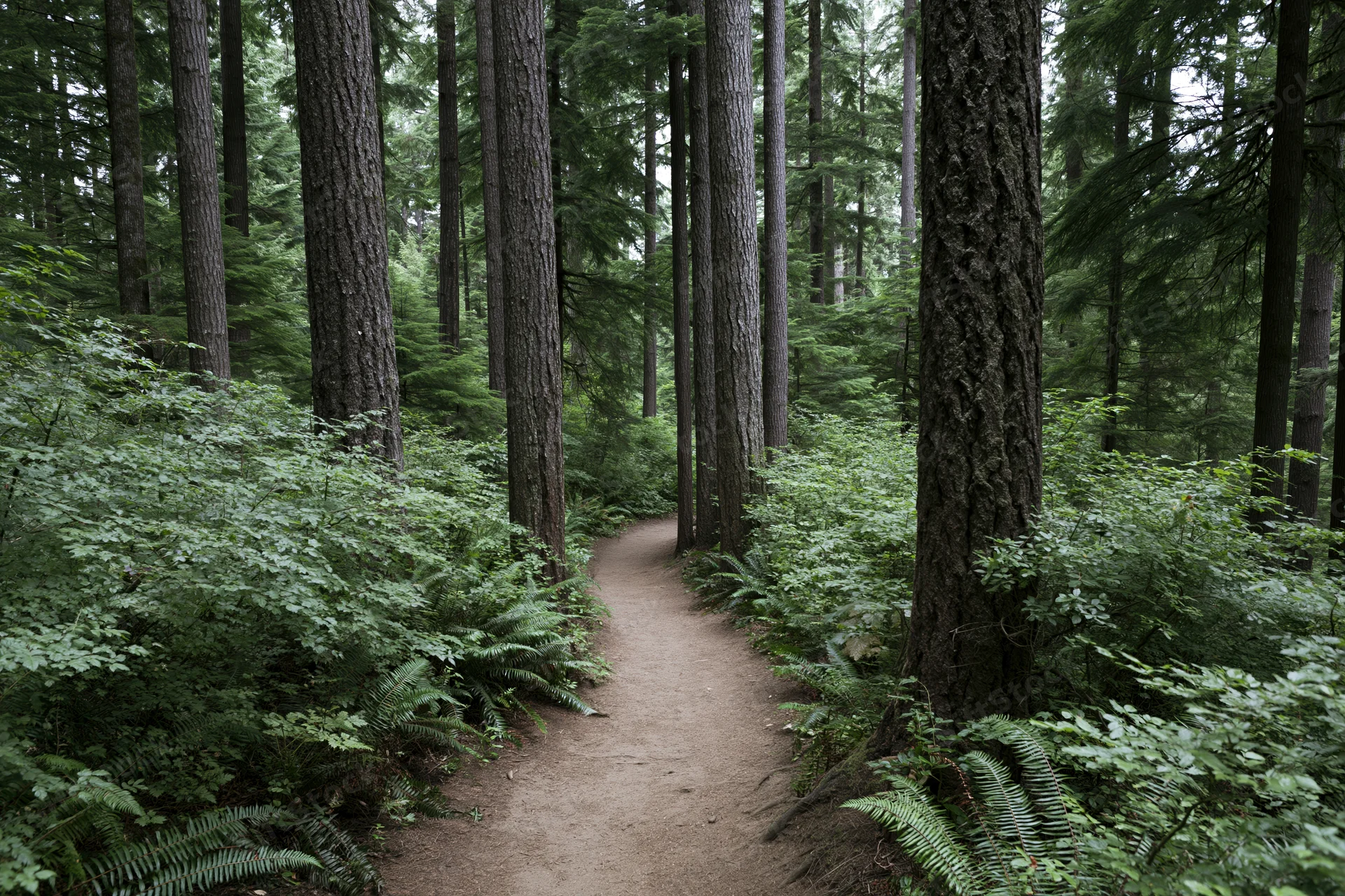 Winding dirt path through dense forest with tall conifer trees and lush green ferns undergrowth