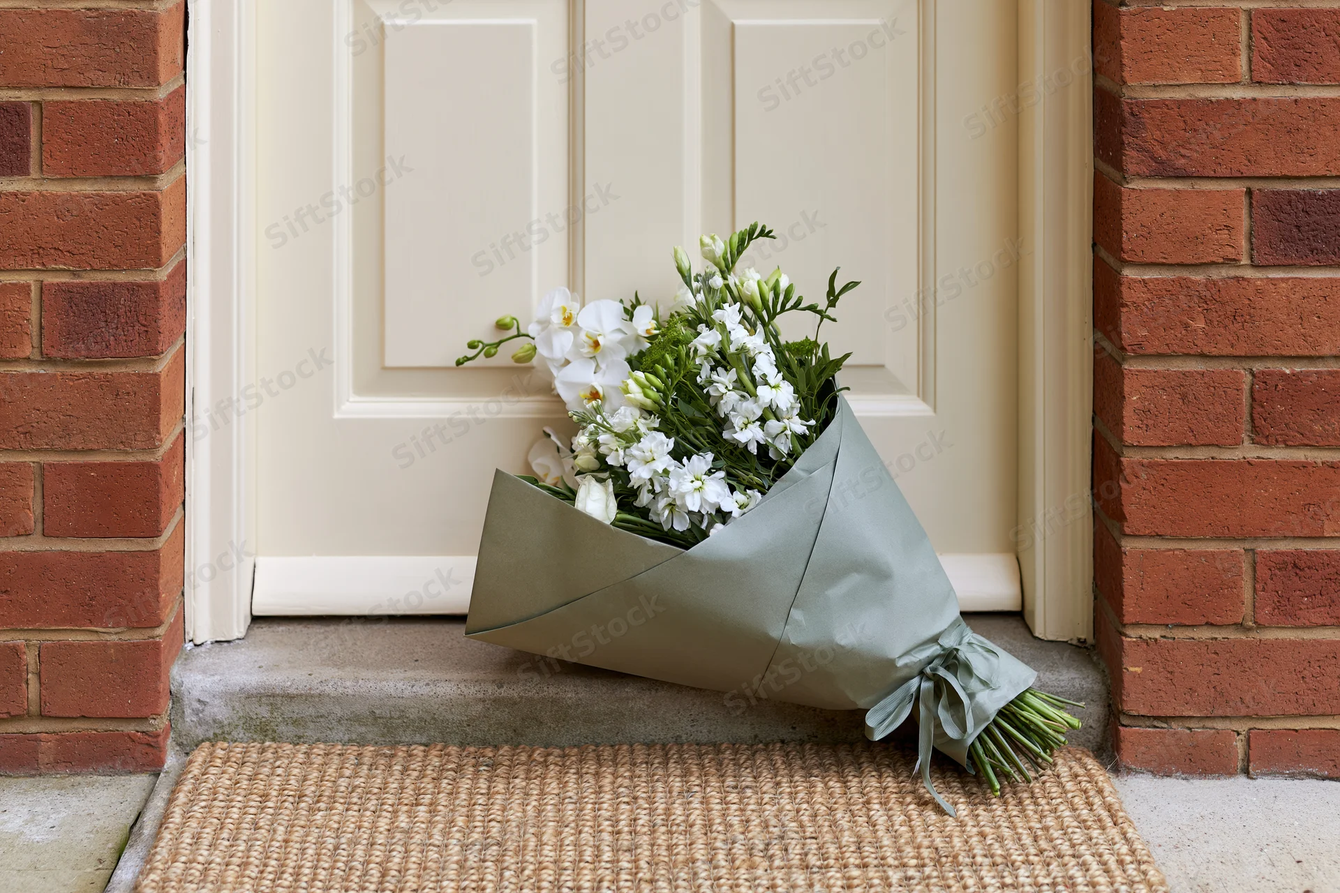 Wrapped bouquet of white flowers and green foliage resting on doorstep in front of cream door flanked by red brick walls