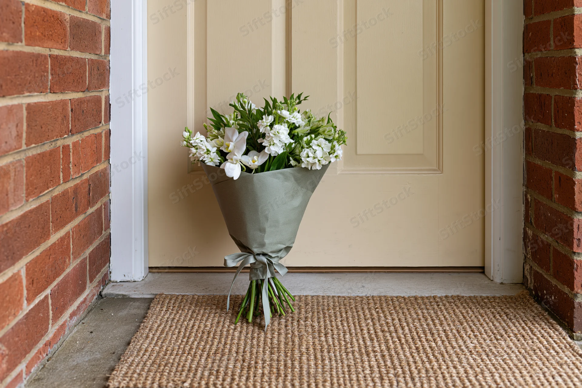 Wrapped bouquet of white flowers and green foliage resting on a woven mat at a front door entrance