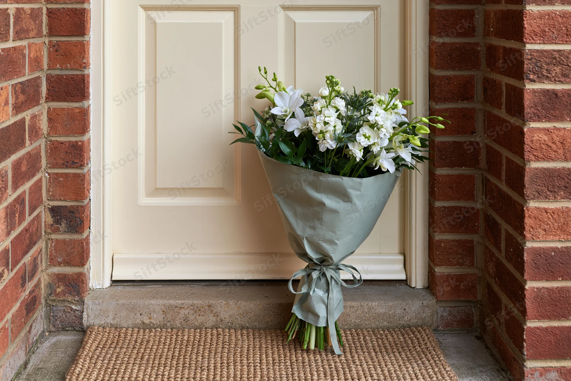 Wrapped bouquet of white flowers and green foliage resting on doormat in front of cream door flanked by red brick walls