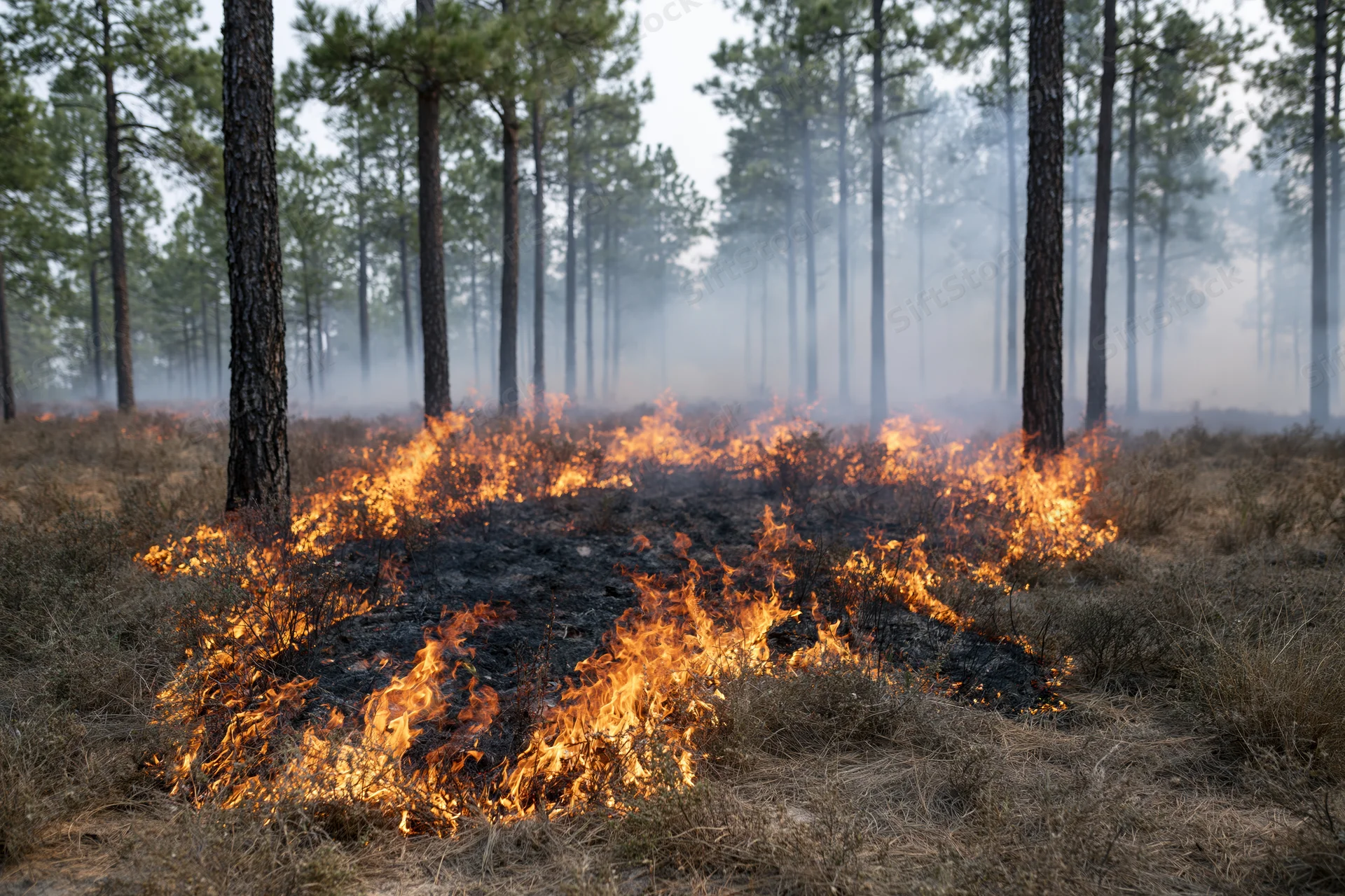 Wildfire burning through dry underbrush in a pine forest