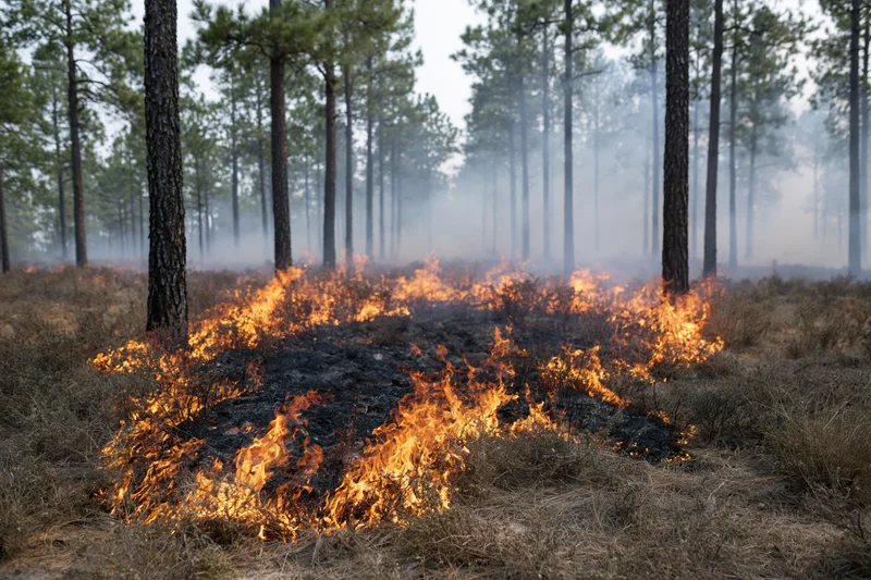 Wildfire burning through dry underbrush in a pine forest