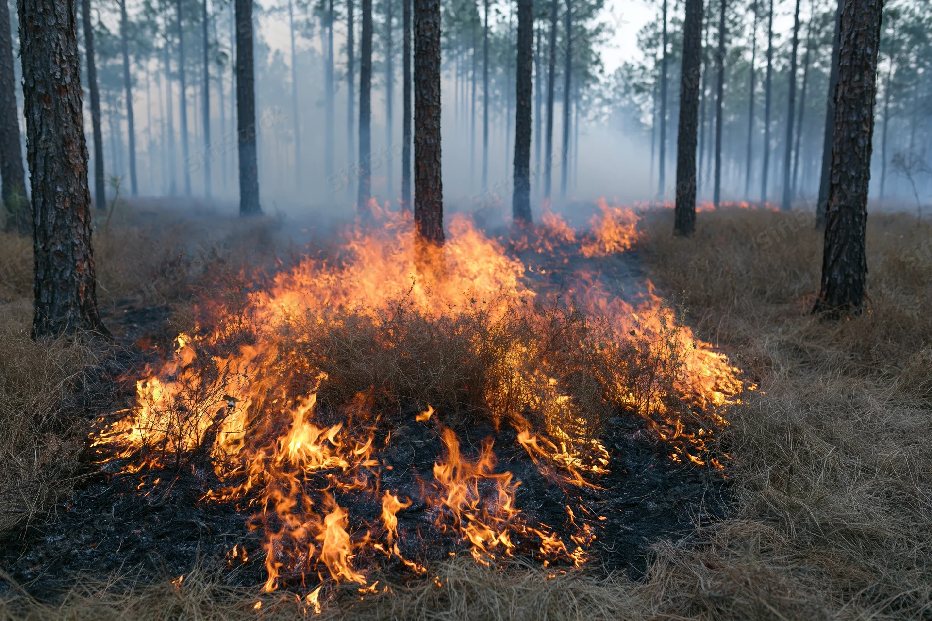 Wildfire burning through dry underbrush in a pine forest