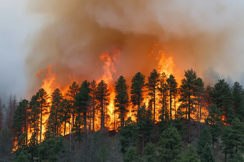 Wildfire burning through dense conifer trees on a hillside