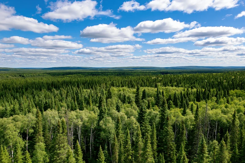Aerial view of vast boreal forest canopy under bright blue sky with scattered clouds
