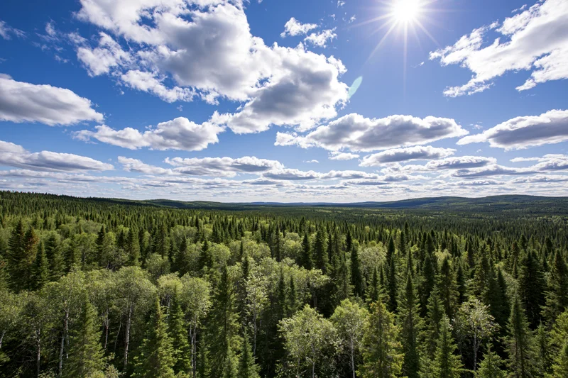 Aerial view of vast boreal forest with spruce trees under bright sun and scattered clouds