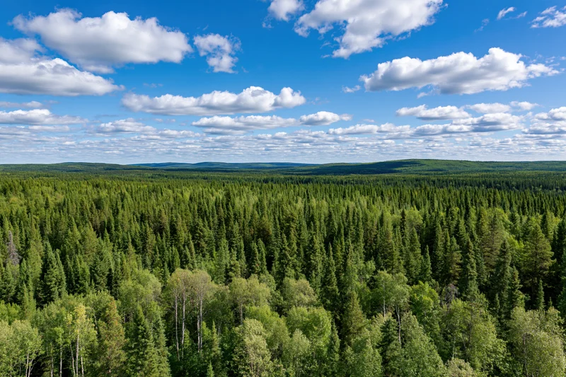 Aerial view of vast boreal forest canopy under blue sky with scattered clouds