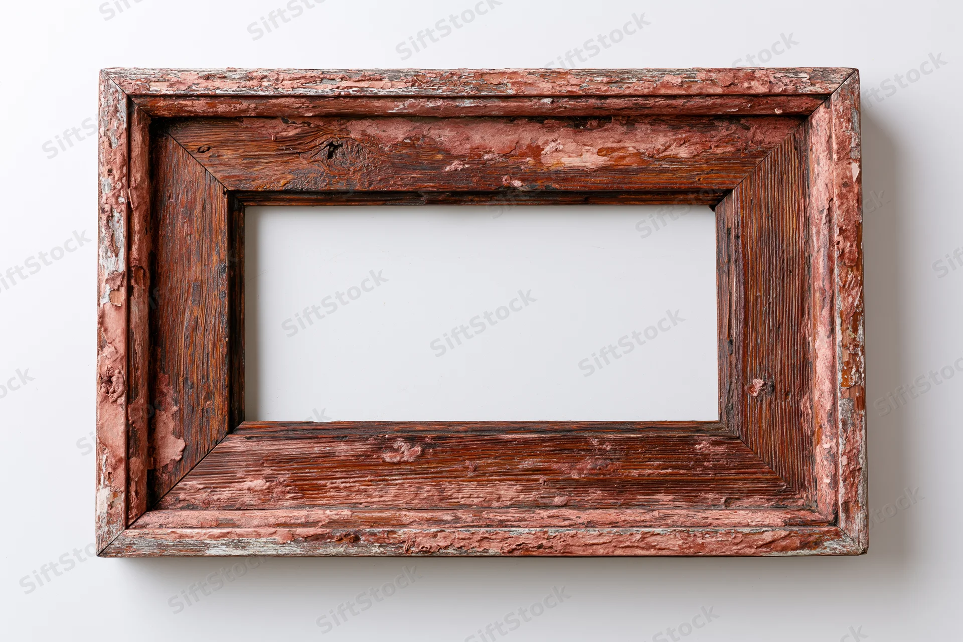 Aged wooden picture frame with chipped paint and worn edges on white background