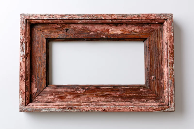 Aged wooden picture frame with chipped paint and worn edges on white background
