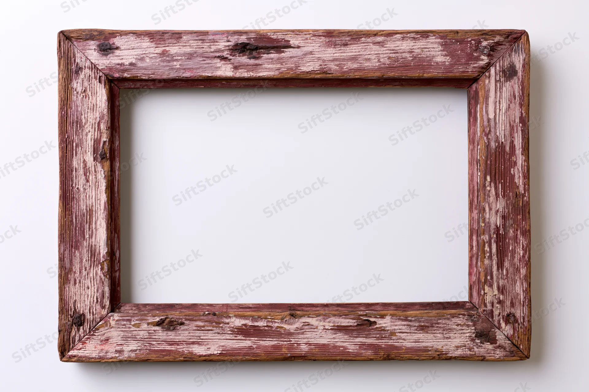 Aged wooden picture frame with chipped red paint and worn edges hanging on a white wall