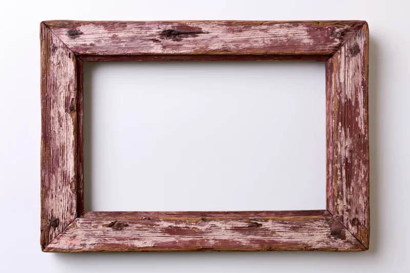 Aged wooden picture frame with chipped red paint and worn edges hanging on a white wall
