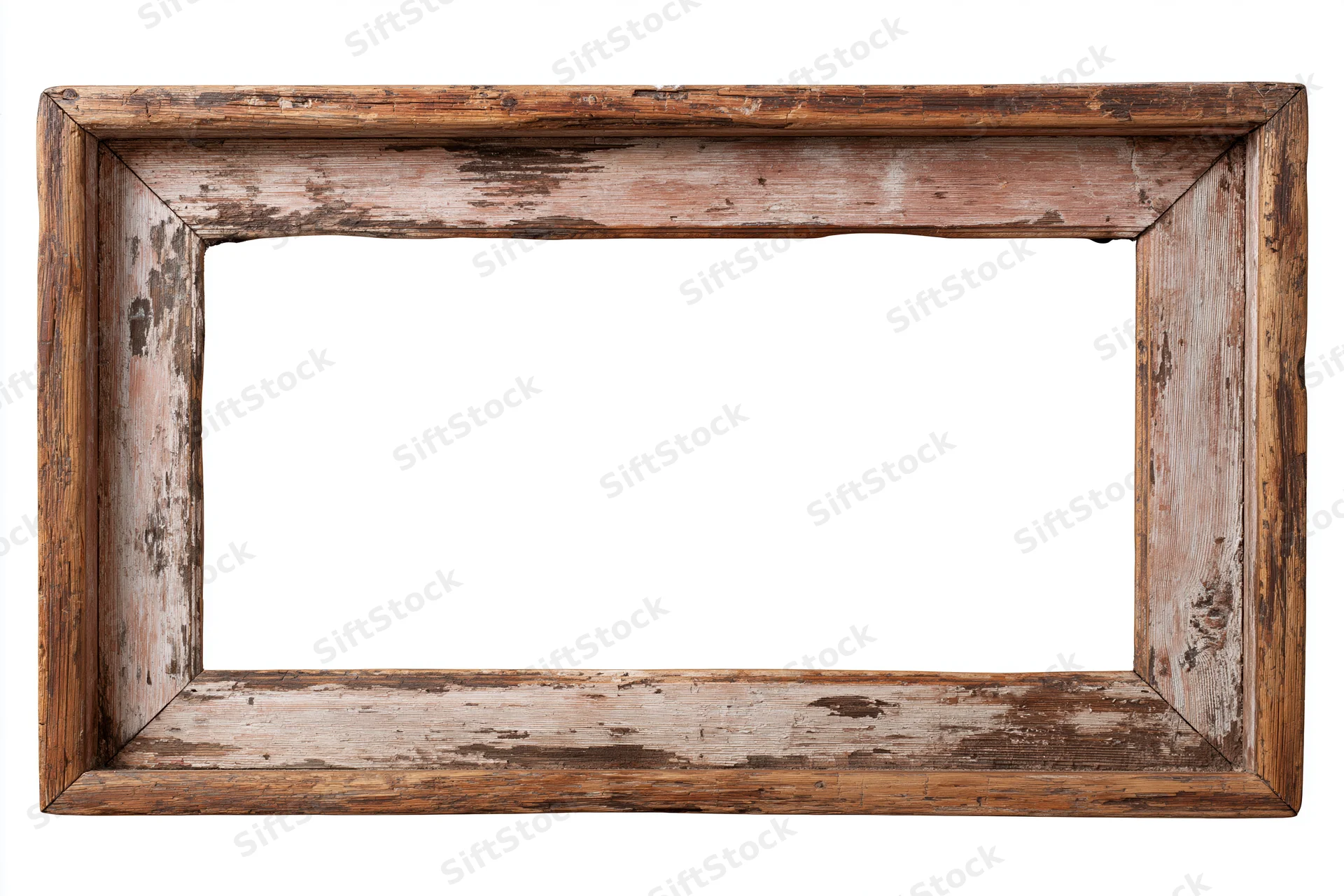 Aged wooden picture frame with chipped paint and worn edges on white background