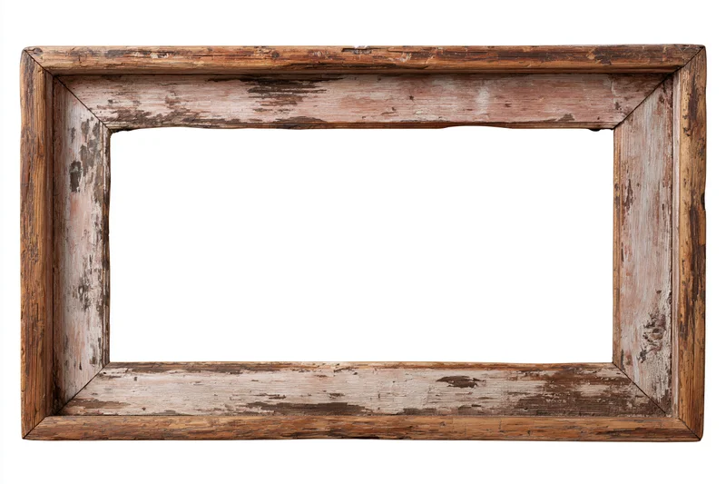 Aged wooden picture frame with chipped paint and worn edges on white background