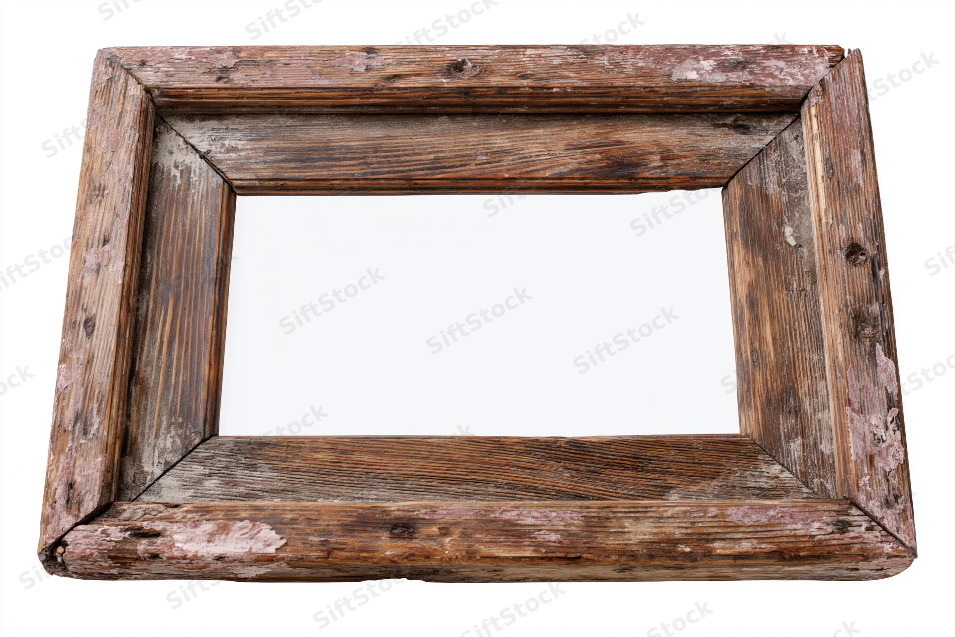 Aged wooden picture frame with chipped paint and worn edges isolated on white background