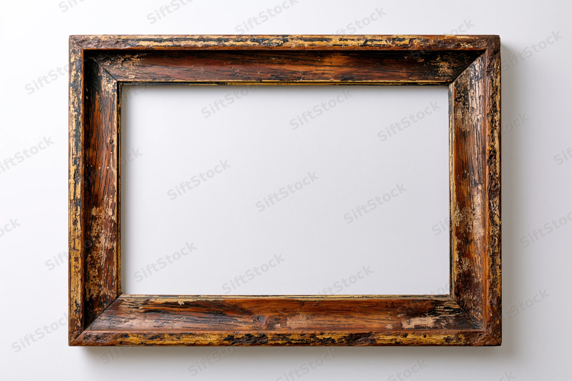 Old wooden picture frame with chipped paint hanging on a white wall