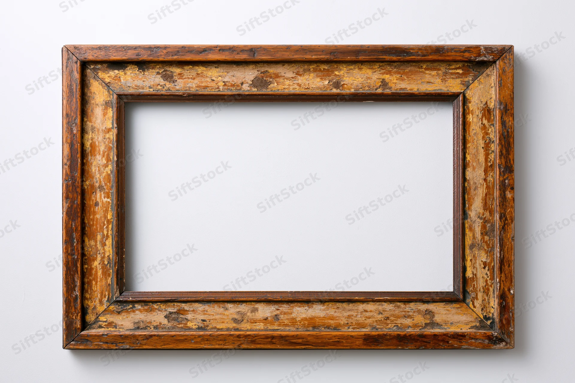 Old wooden picture frame with chipped paint hanging on a white wall