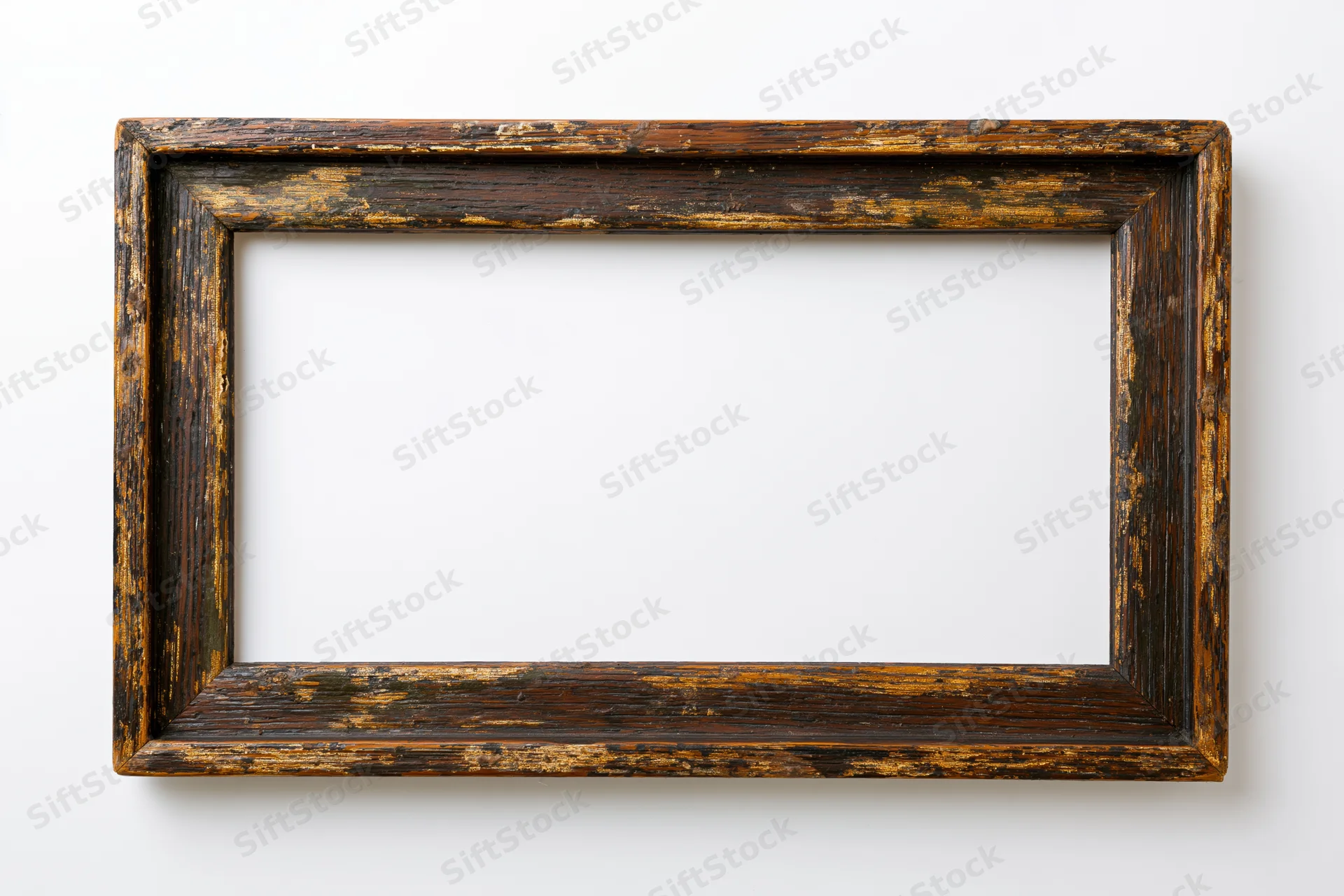 Old wooden picture frame with chipped paint on white background