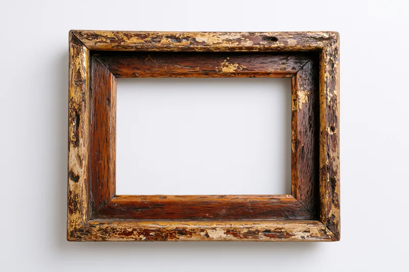 Old wooden picture frame with chipped paint hanging on white wall
