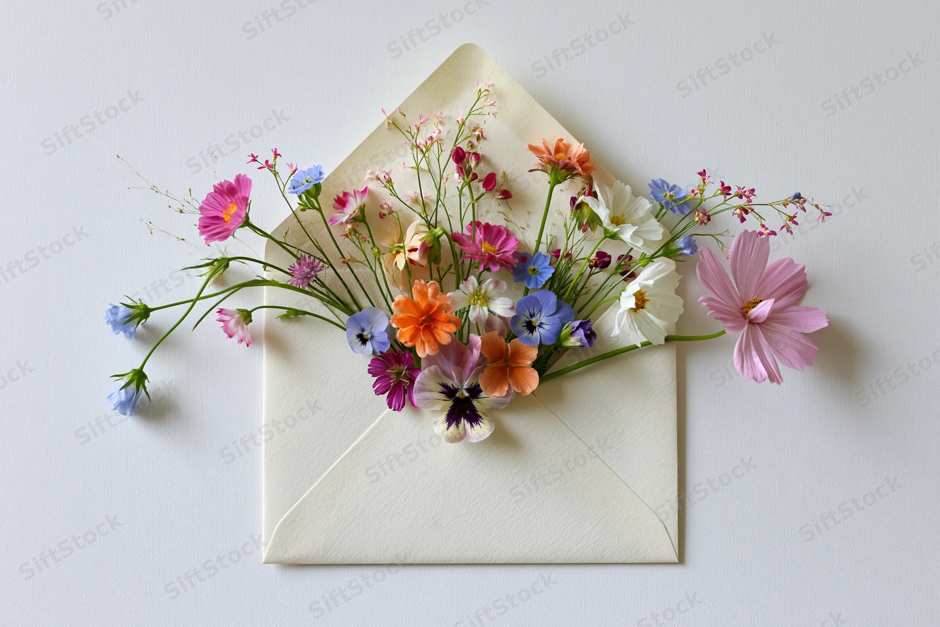 Open cream envelope with colorful wildflowers spilling out on white surface