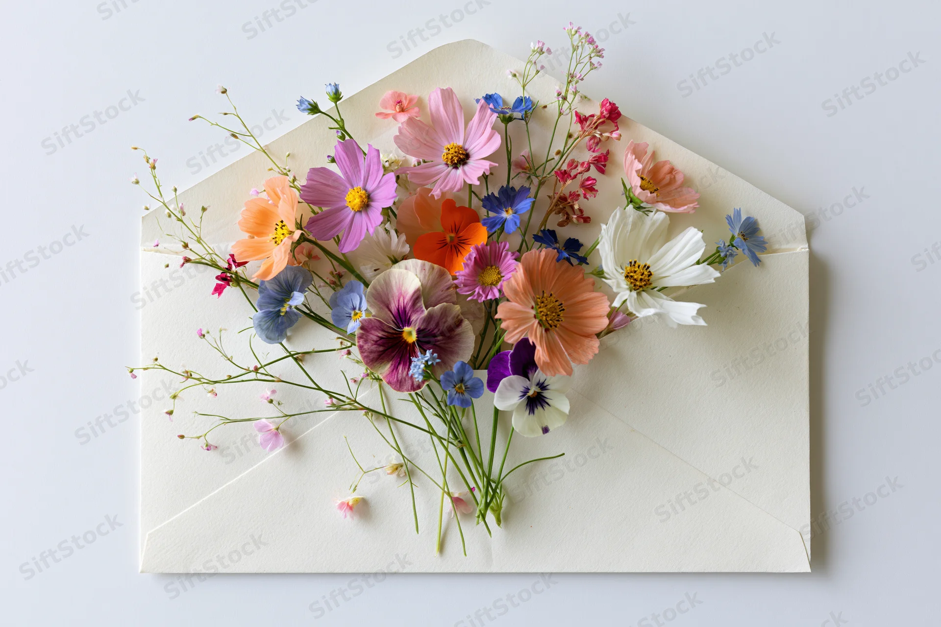 Open cream envelope with colorful wildflowers spilling out on white surface