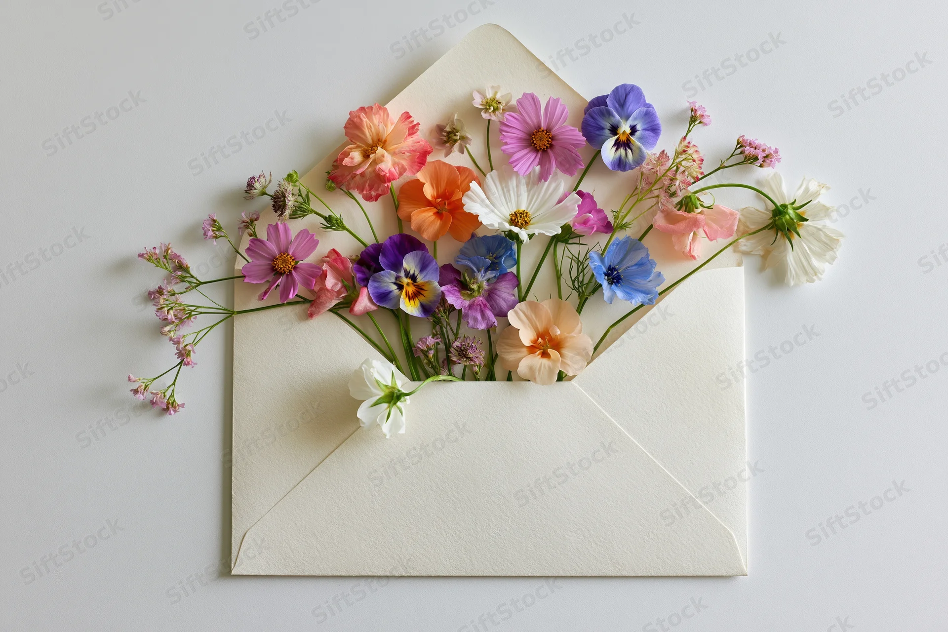 Open cream envelope filled with colorful wildflowers on white surface