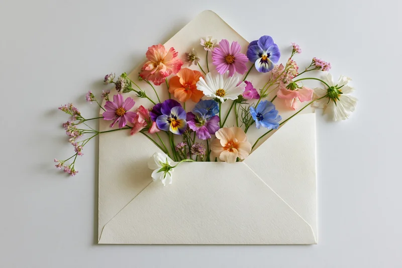 Open cream envelope filled with colorful wildflowers on white surface
