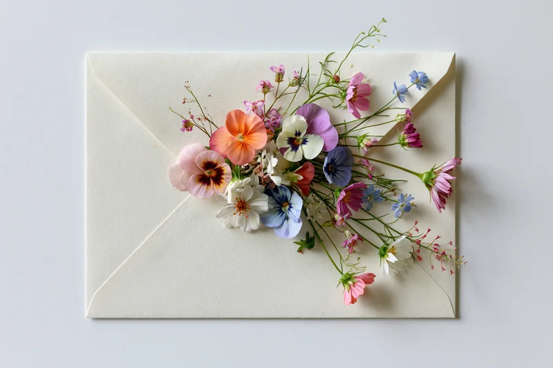 Open cream envelope with colorful wildflowers spilling from it on white surface