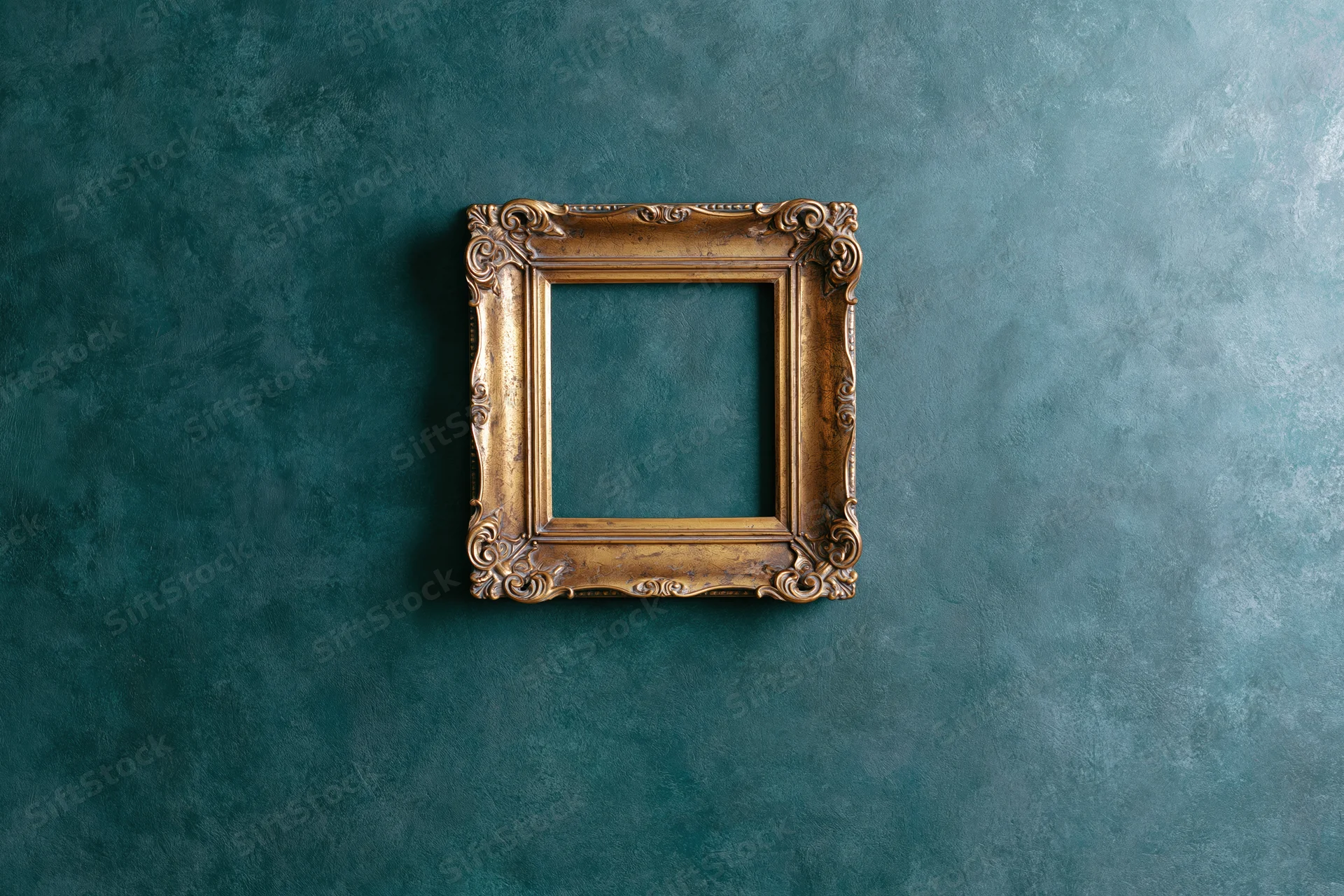 Ornate antique gold frame hanging empty on textured teal wall