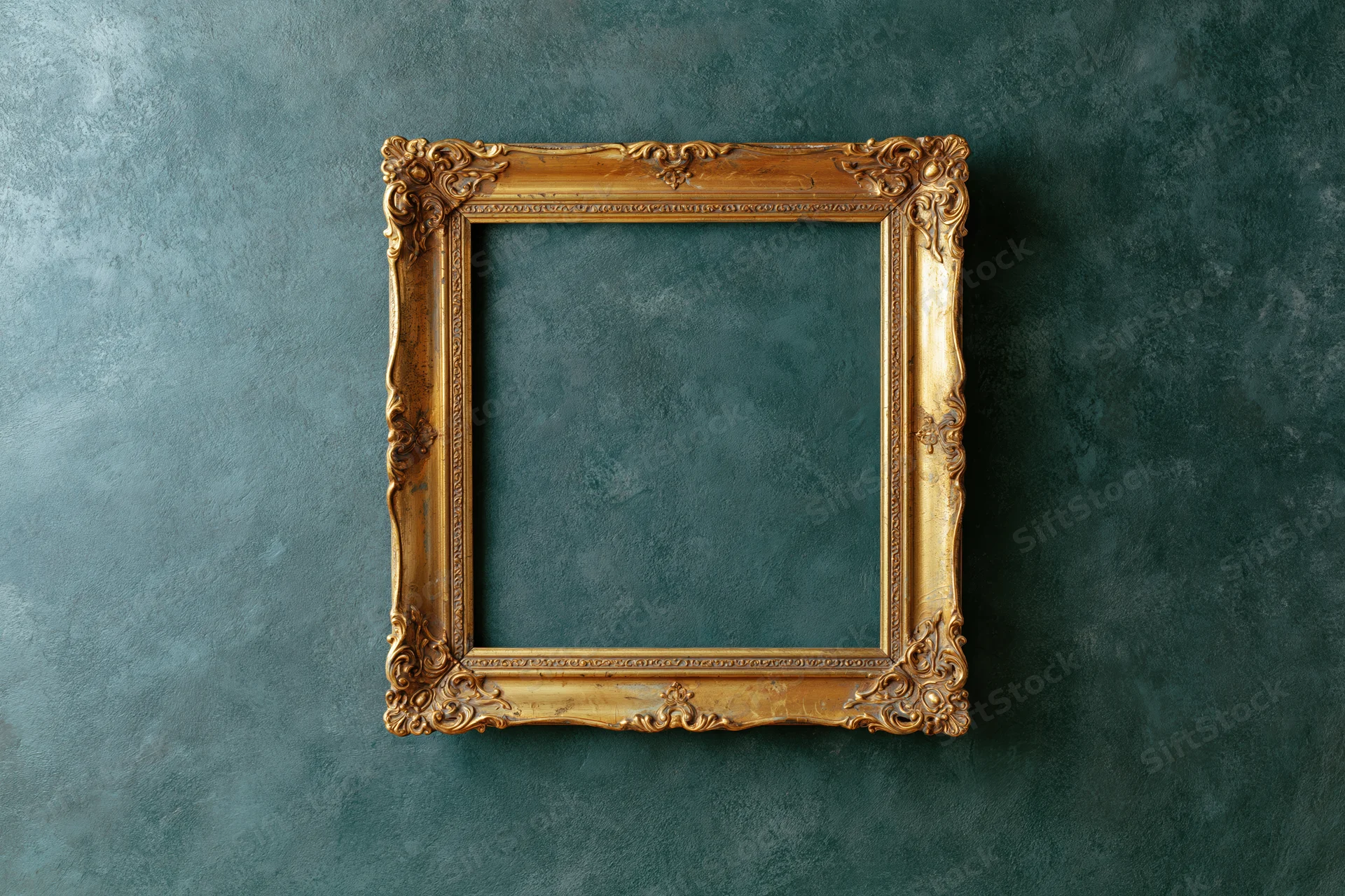 Ornate gold antique frame hanging empty on textured dark teal wall