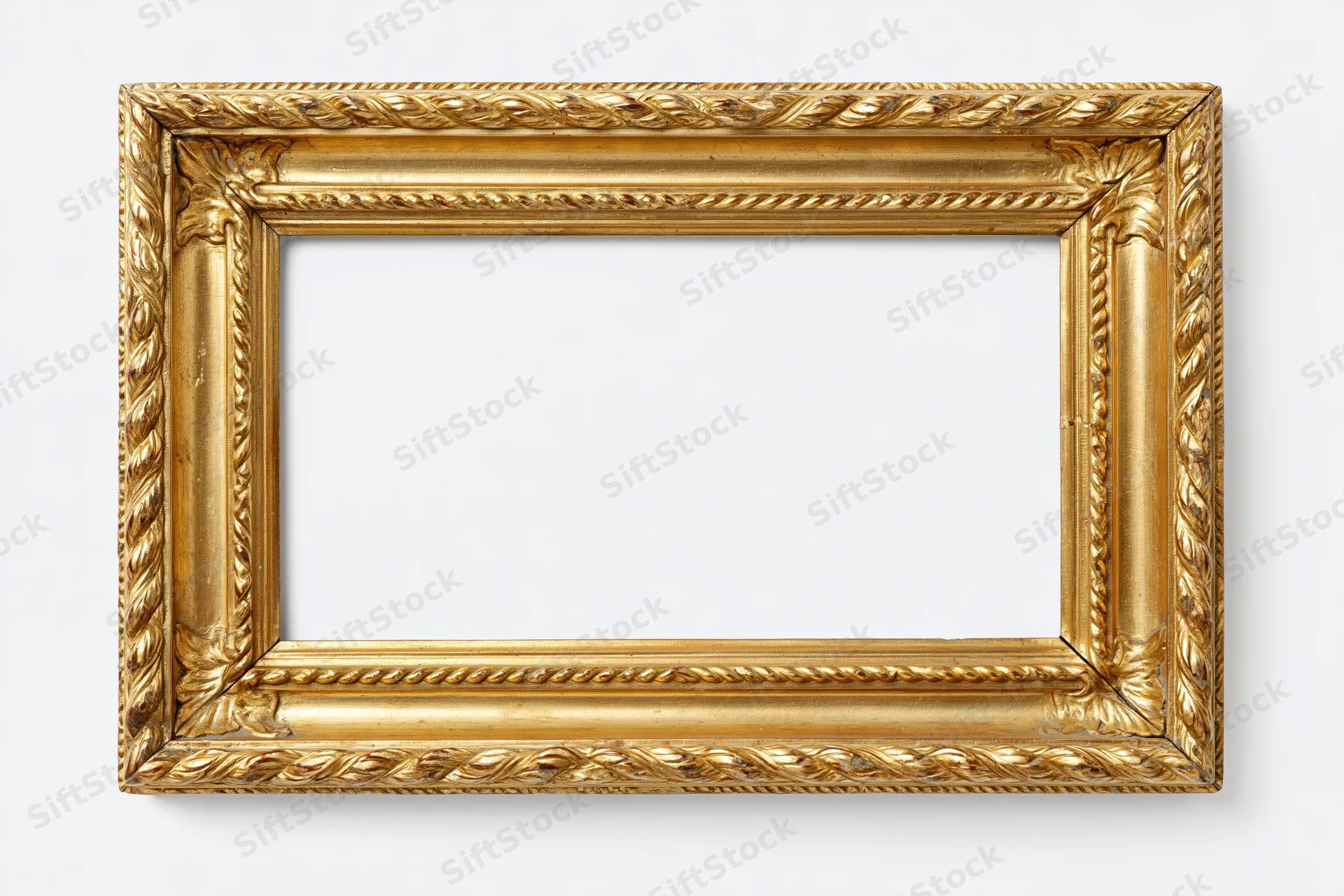 Ornate antique gold picture frame with carved rope and leaf patterns on white background
