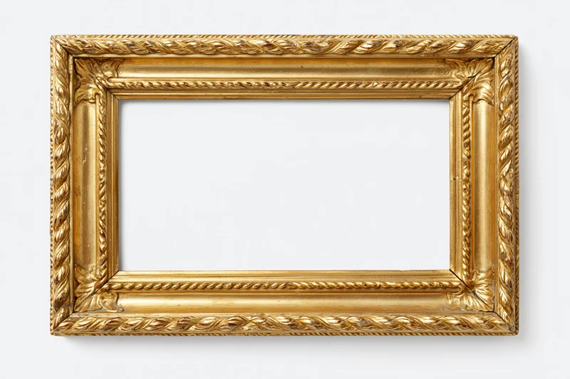 Ornate antique gold picture frame with carved rope and leaf patterns on white background