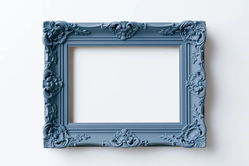 Ornate blue antique frame with carved floral details hanging on a white wall