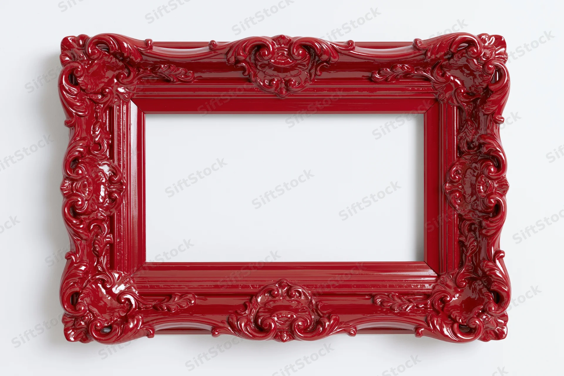 Ornate red baroque-style picture frame with glossy finish on white background