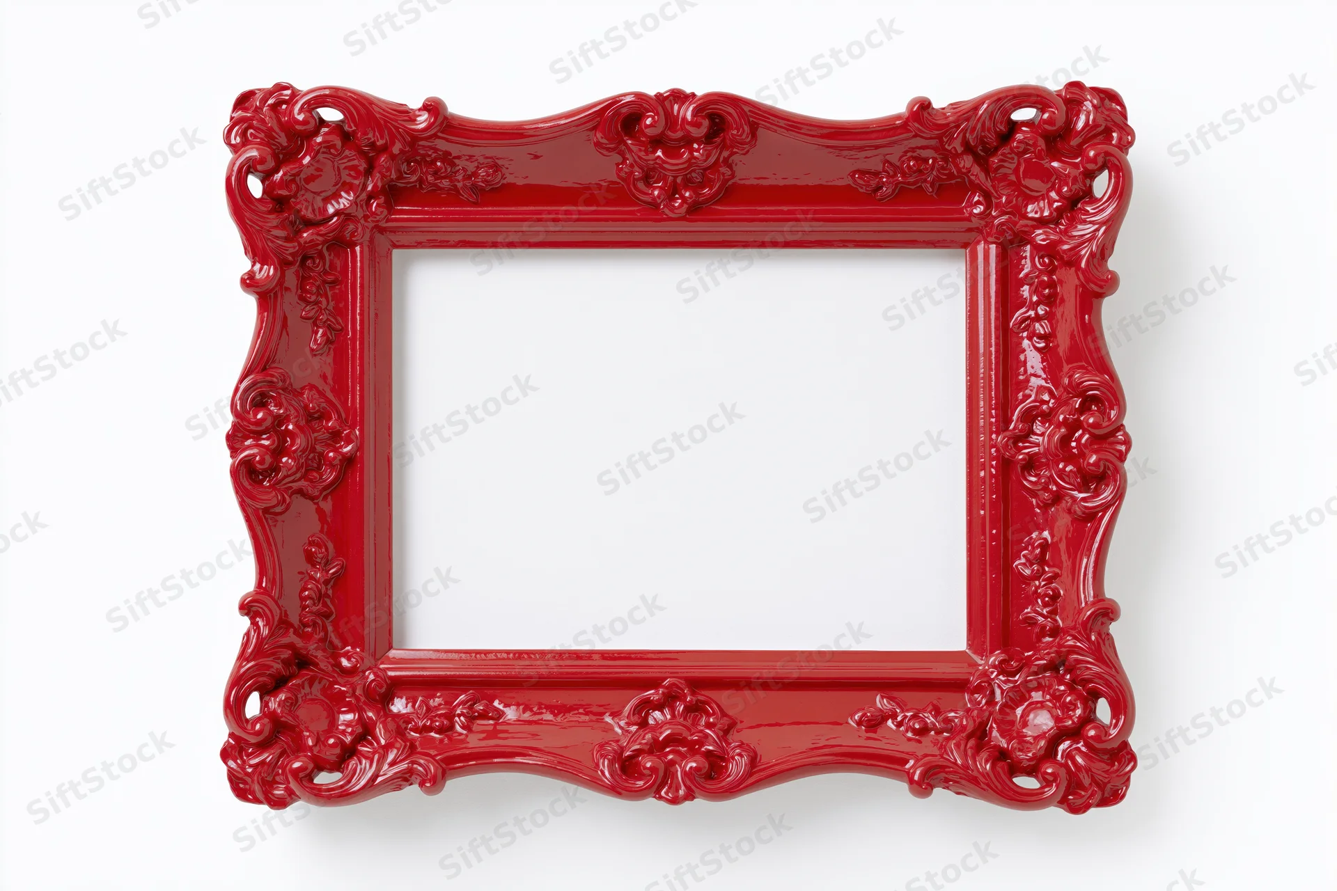 Ornate red baroque-style picture frame with glossy finish and intricate carvings isolated on white background