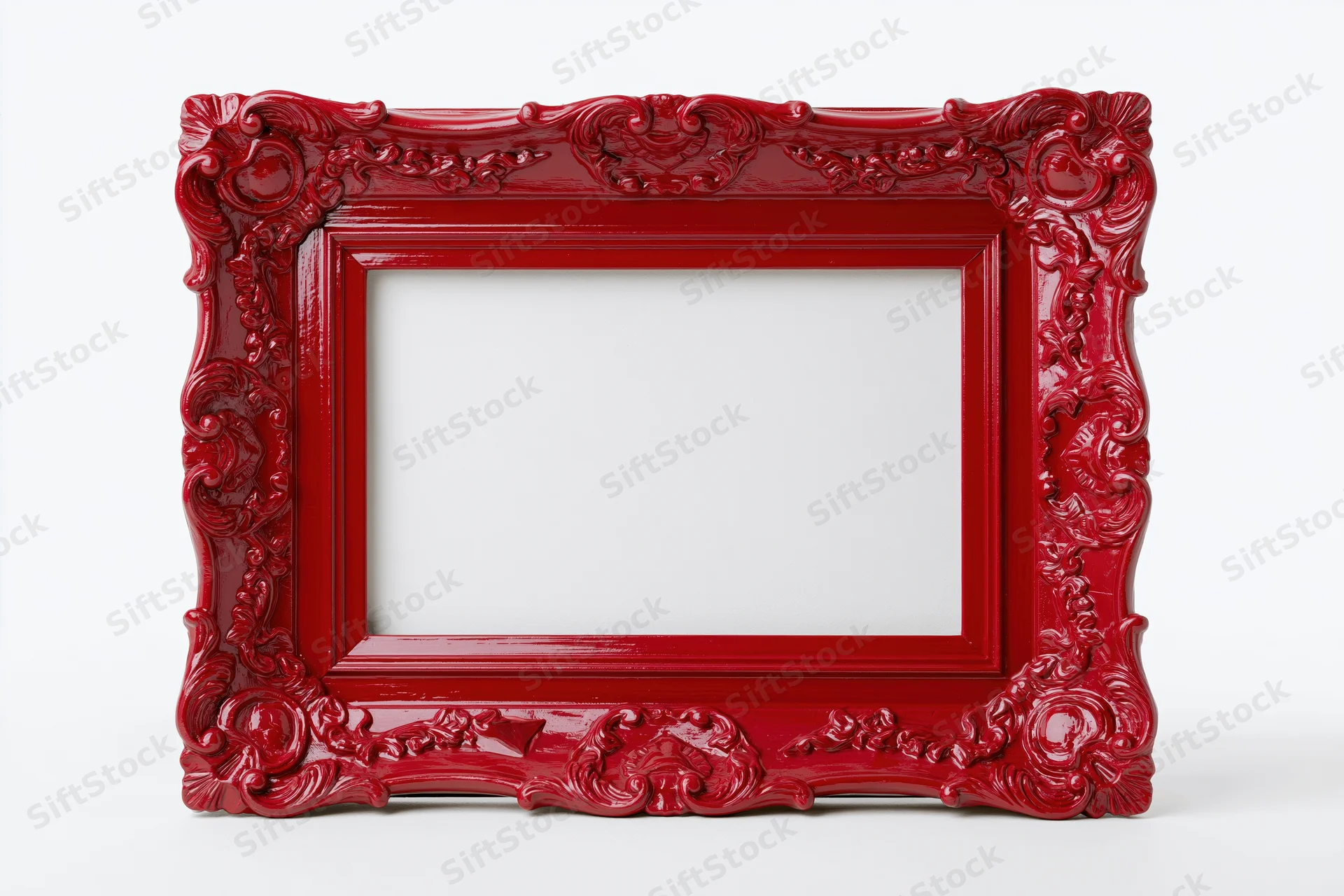 Ornate red baroque-style picture frame with glossy finish on white background