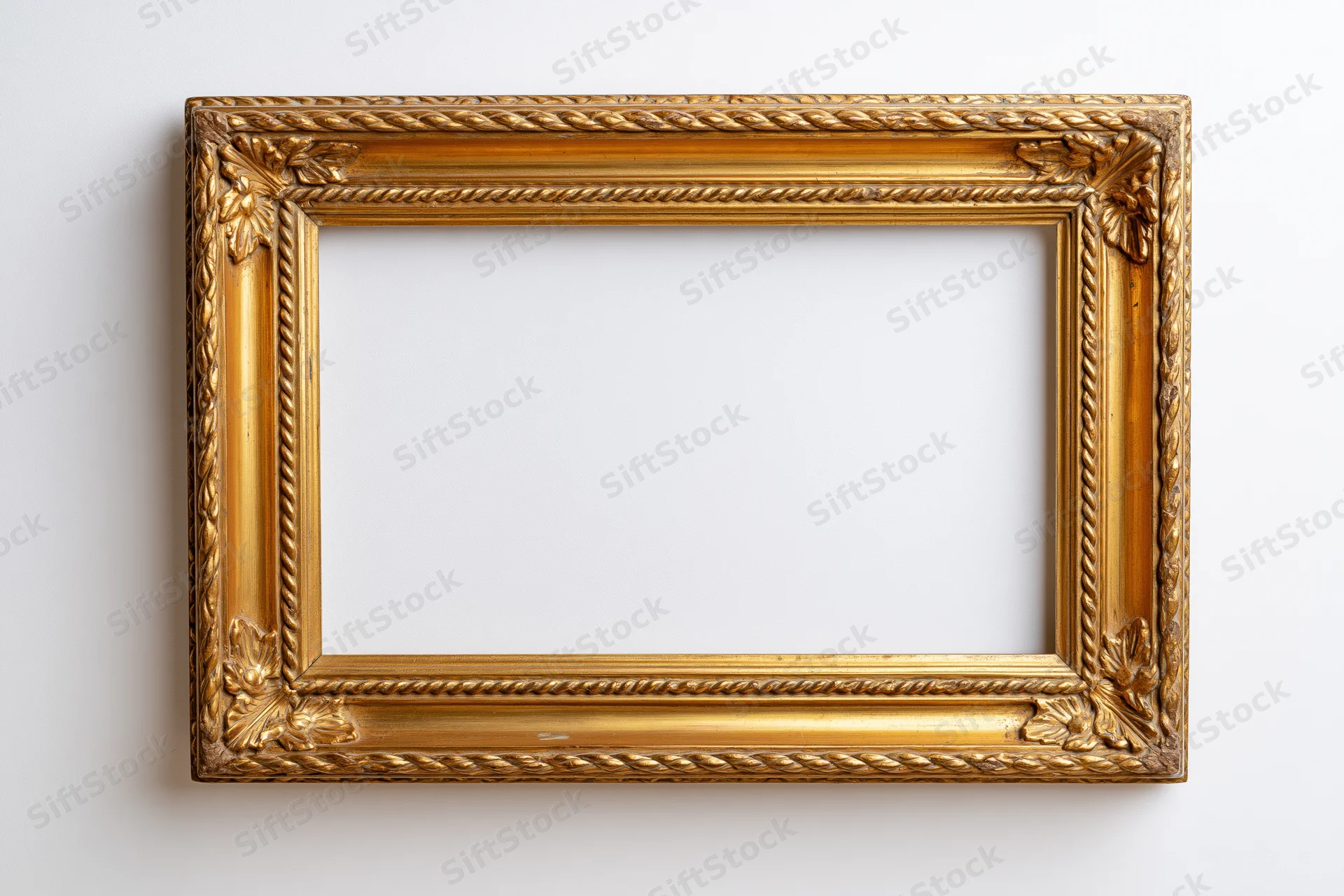 Ornate gold picture frame with carved leaf details hanging on white wall