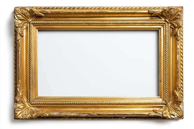 Ornate gold picture frame with carved leaf details on white background