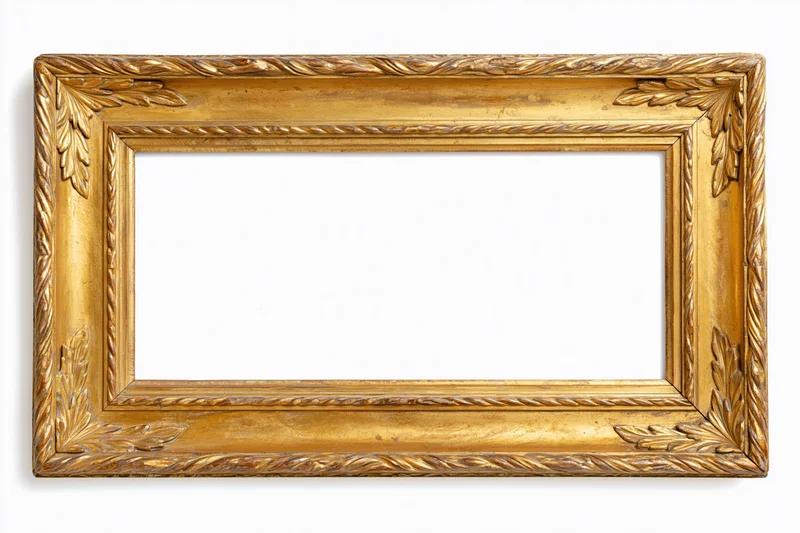 Ornate gold picture frame with carved leaf details on white background