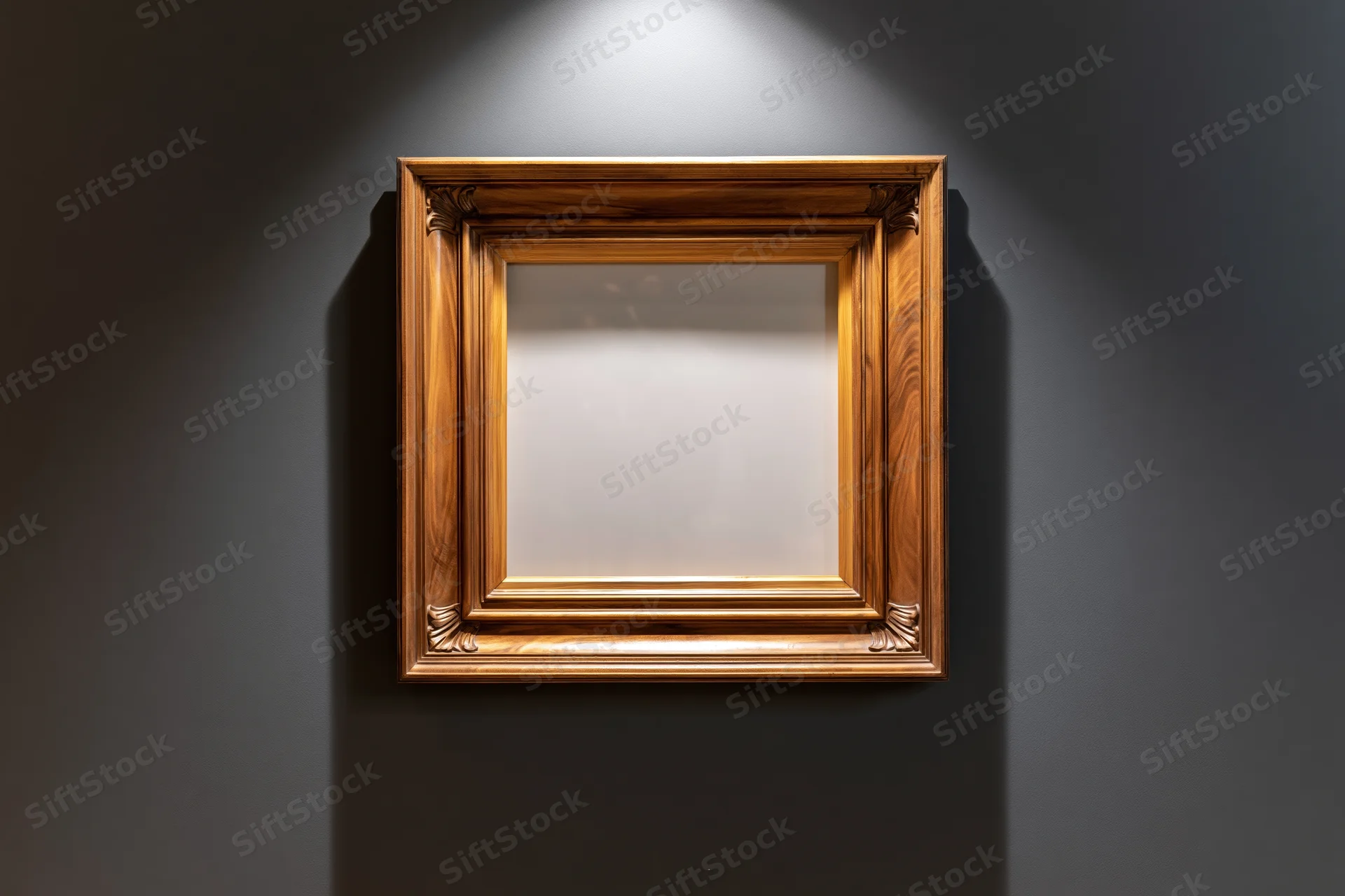 Ornate wooden frame with empty white interior hanging on dark wall under spotlight