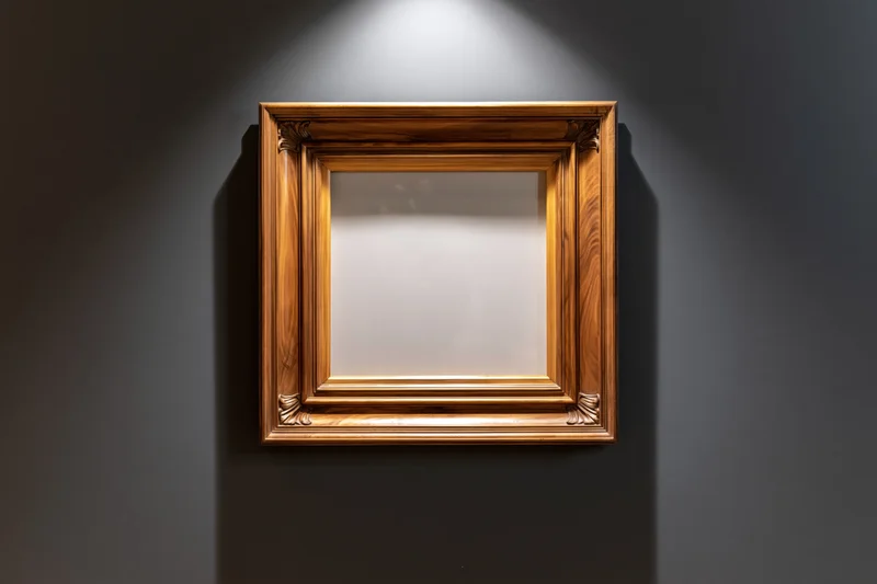 Ornate wooden frame with empty white interior hanging on dark wall under spotlight