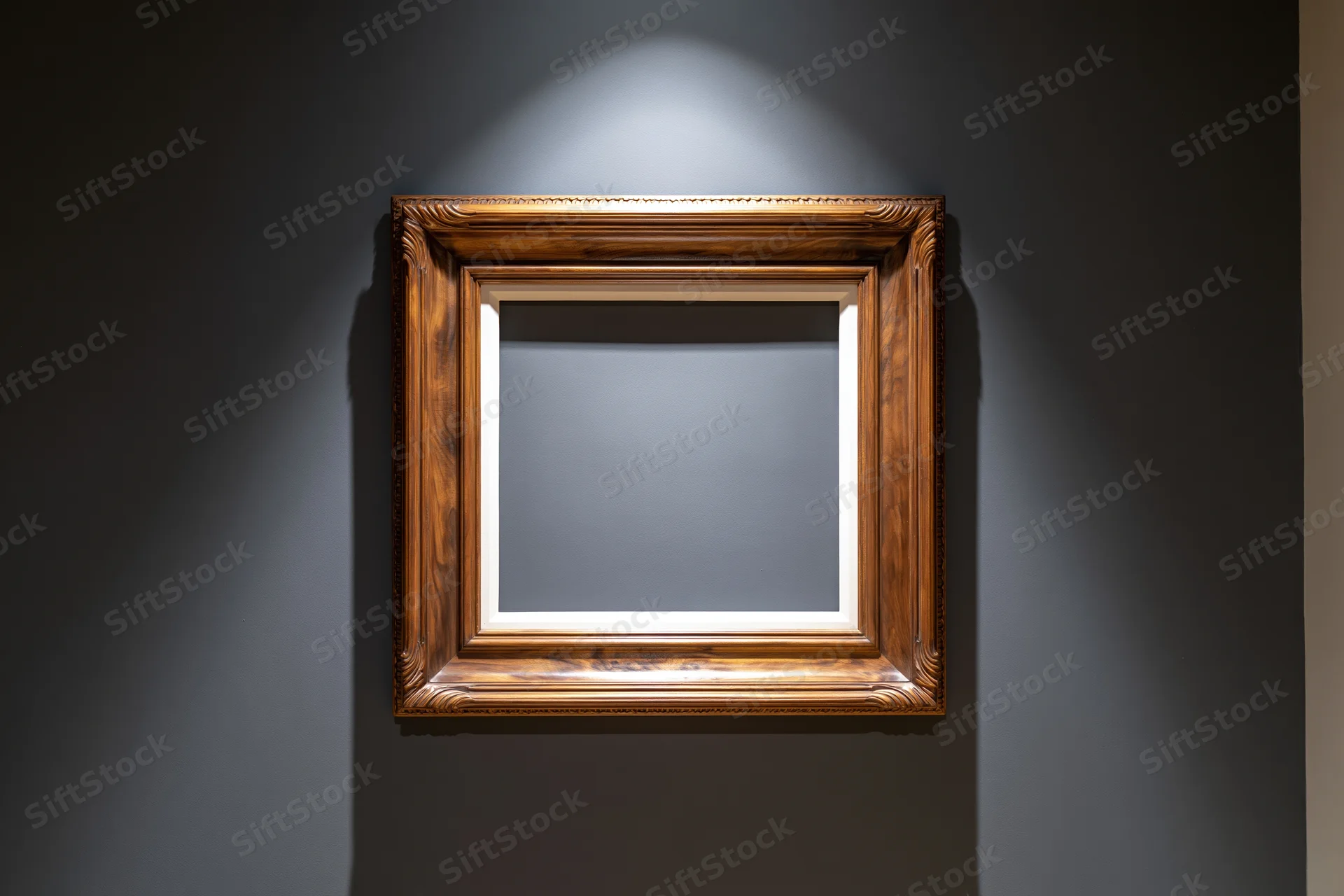 Ornate wooden picture frame with empty white mat hanging on dark wall under spotlight