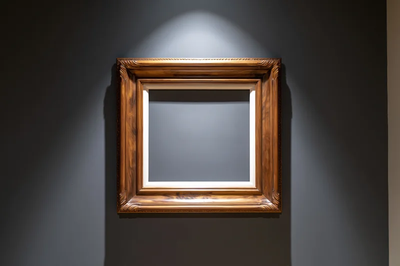 Ornate wooden picture frame with empty white mat hanging on dark wall under spotlight