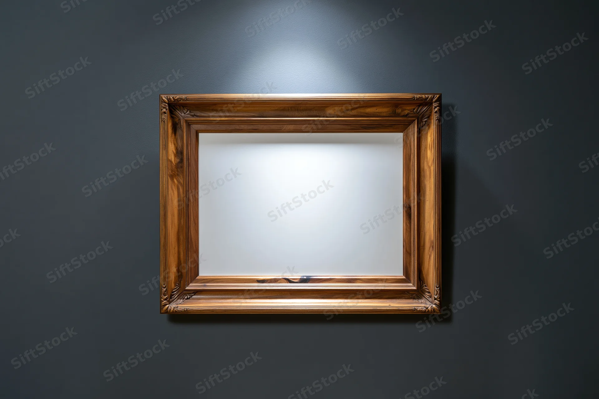 Ornate wooden picture frame with empty white interior hanging on dark wall